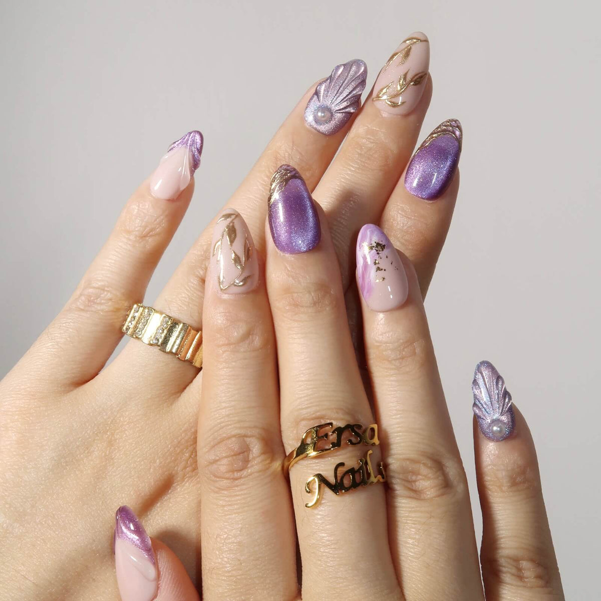 Amethyst Glow - Ersa Nails Nude Purple Gold PressOnNails
