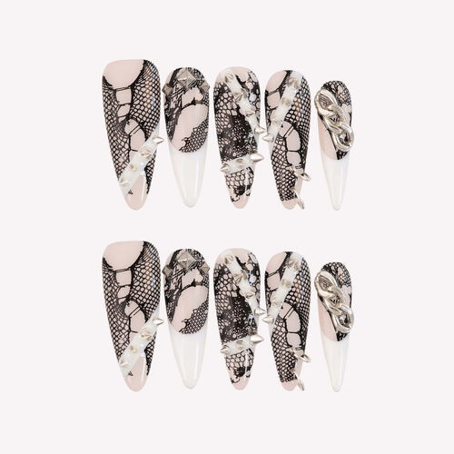 Bad Girl - Ersa Nails Nude Black White PressOnNails