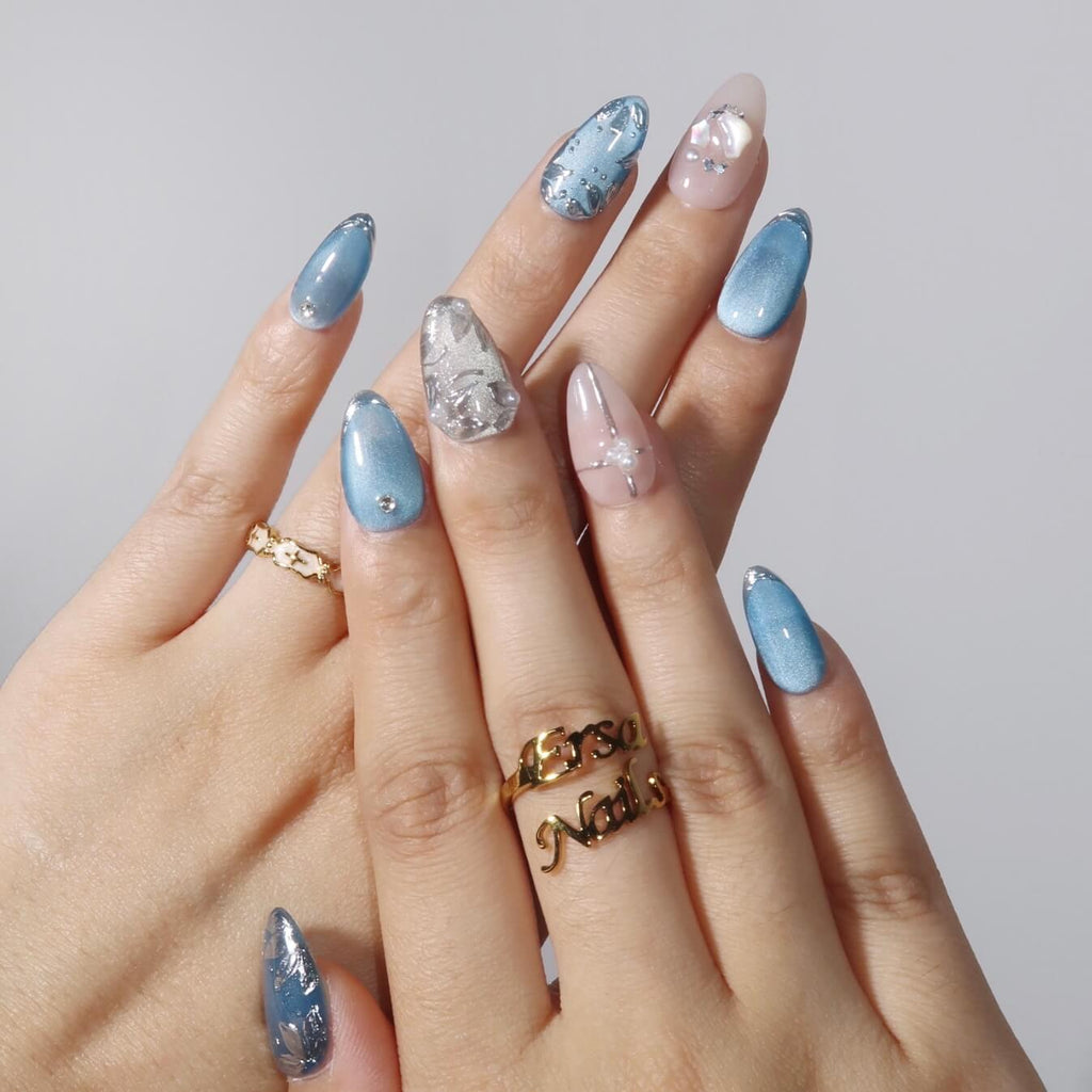 Beyond the Sea - Ersa Nails Nude Blue Silver PressOnNails