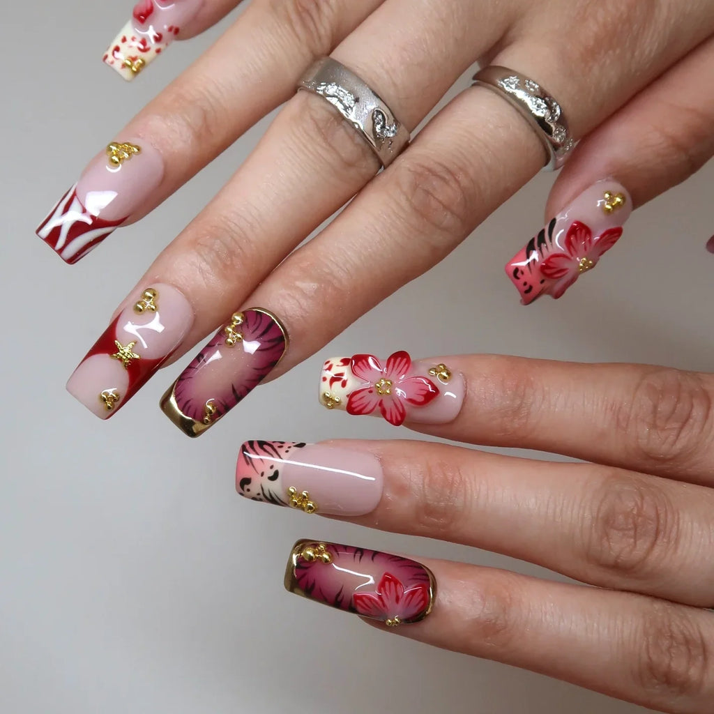Blazing Flora - Ersa Nails Nude Red PressOnNails