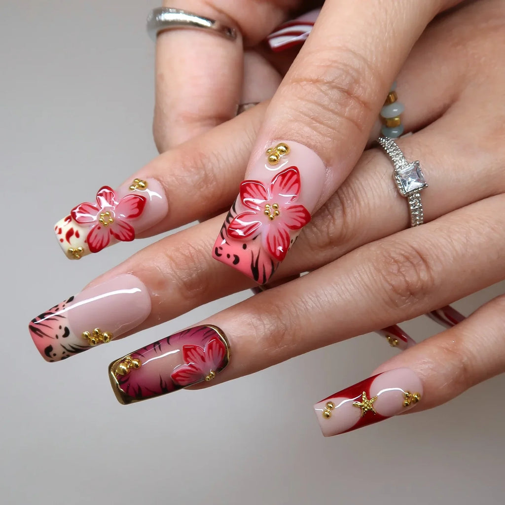 Blazing Flora - Ersa Nails Nude Red PressOnNails