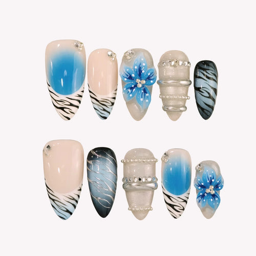 Blue Crush - Ersa Nails Nude Blue Silver PressOnNails