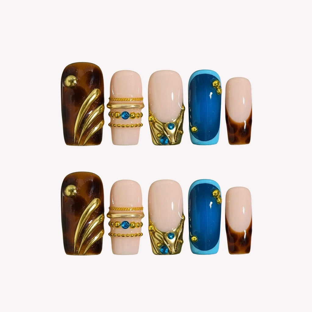 Crowned Up - Ersa Nails Nude Blue Brown Long Square PressOnNails