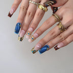 Crowned Up - Ersa Nails Nude Blue Brown Long Square PressOnNails