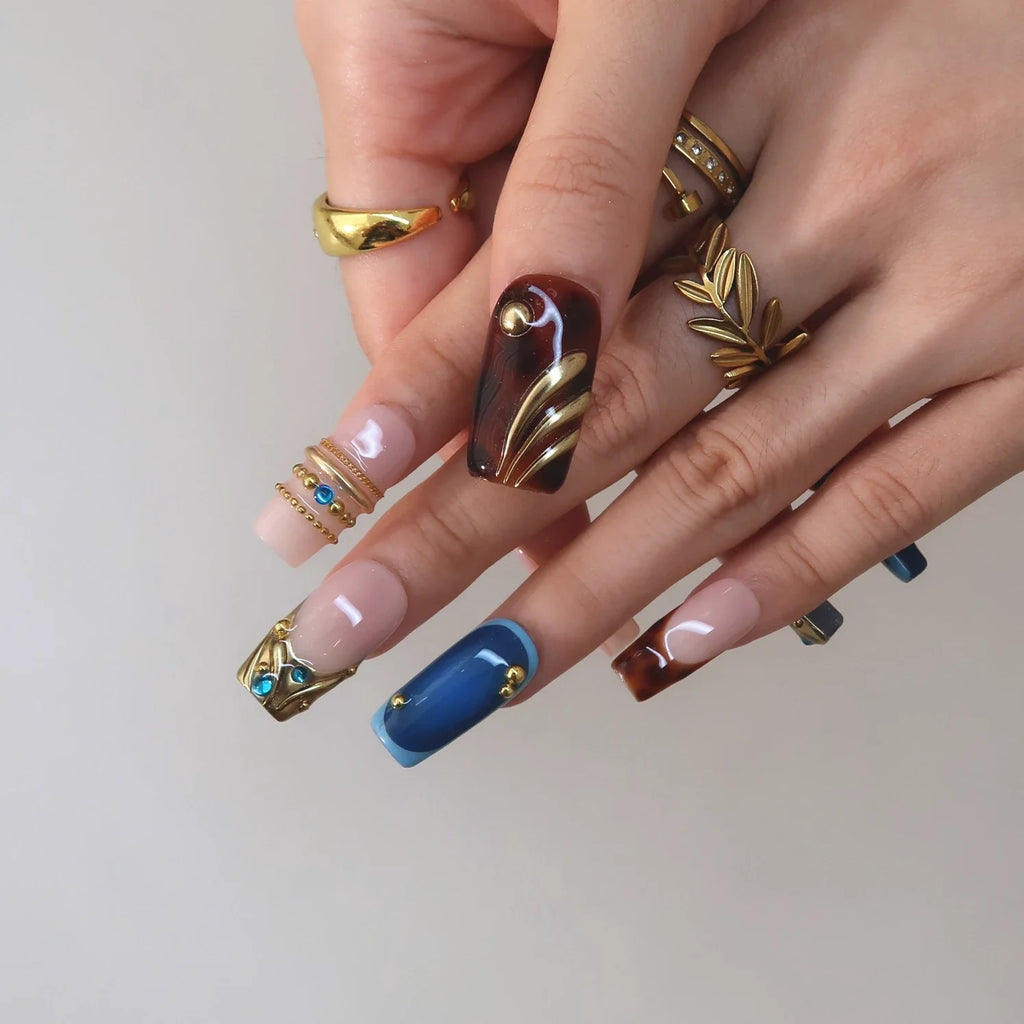 Crowned Up - Ersa Nails Nude Blue Brown Long Square PressOnNails