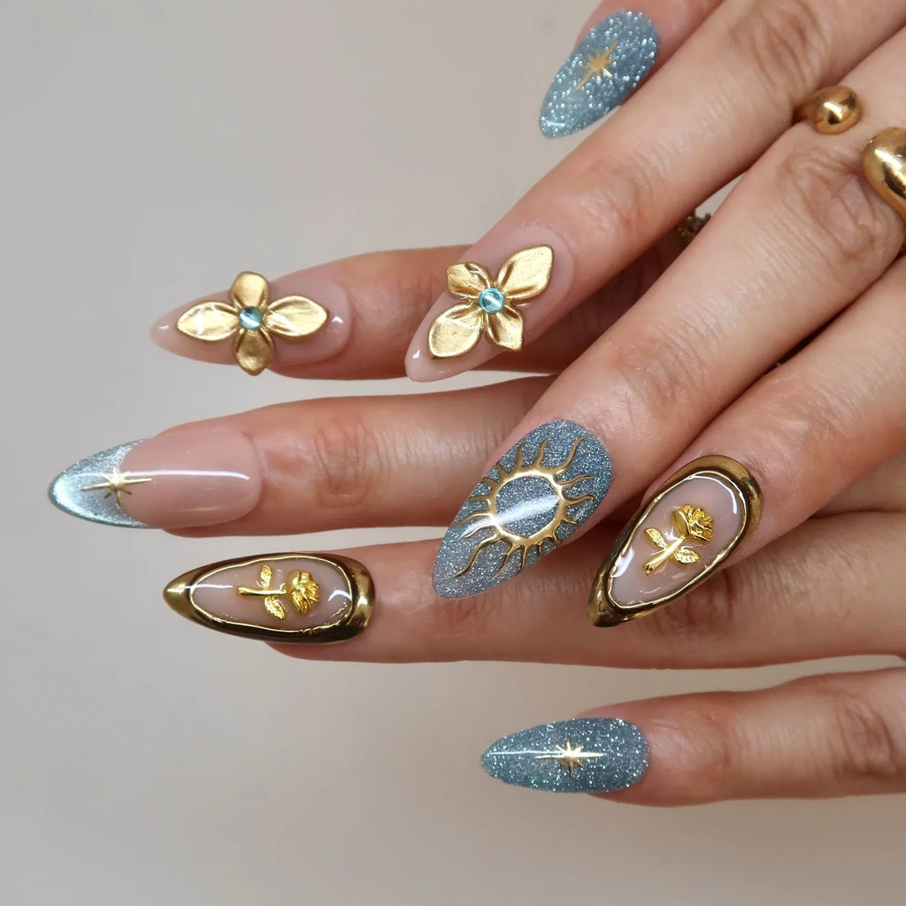 Divine Stardust - Ersa Nails Nude Blue Gold PressOnNails
