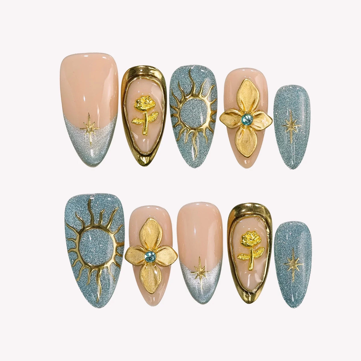 Divine Stardust - Ersa Nails Nude Blue Gold PressOnNails