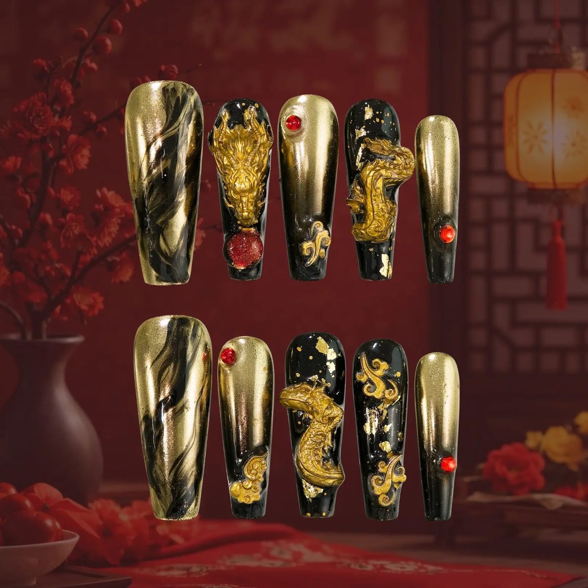 Gildenfire Dragon - Ersa Nails Black Gold Long Coffin PressOnNails