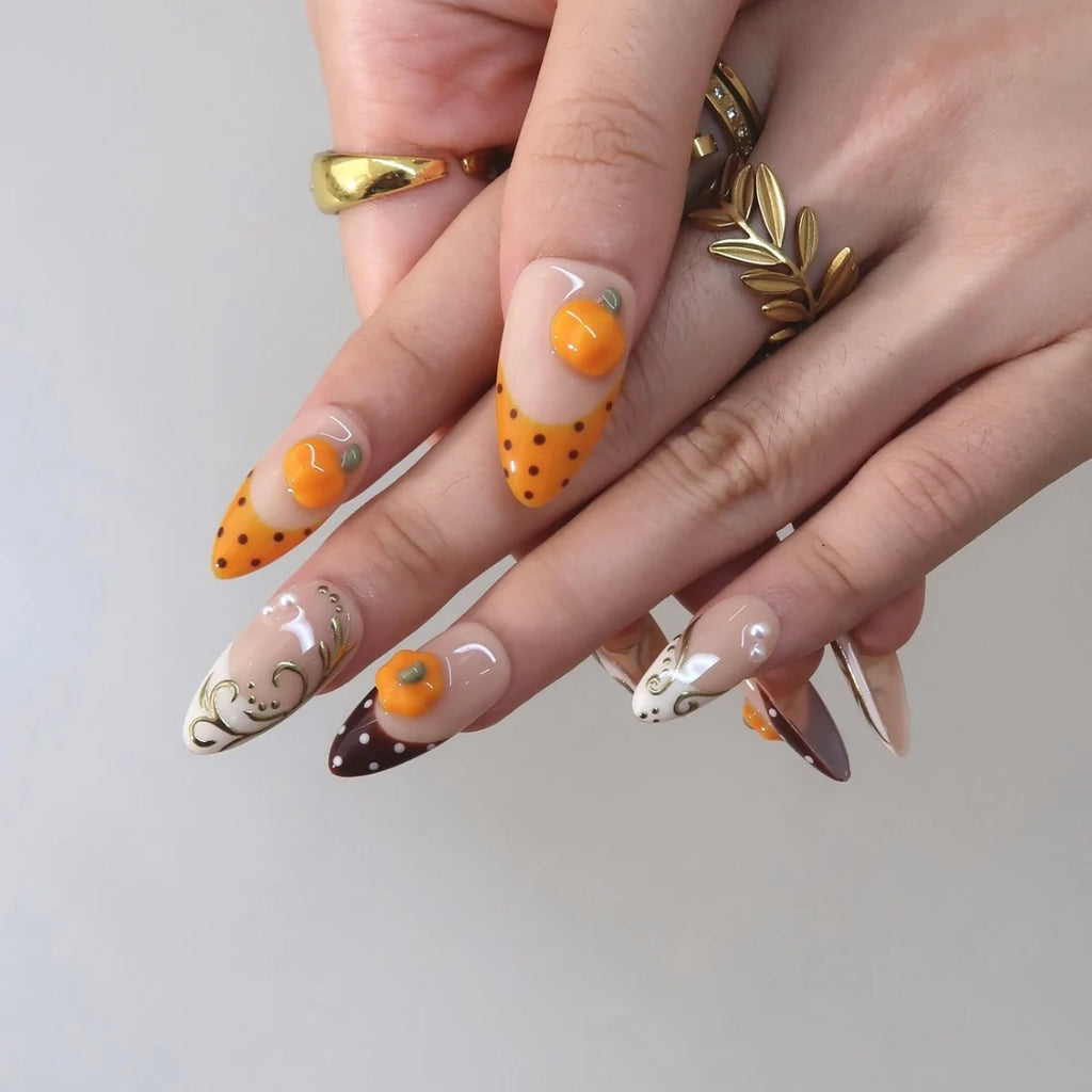Golden Pumpkin - Ersa Nails Nude Orange Brown Medium Almond PressOnNails