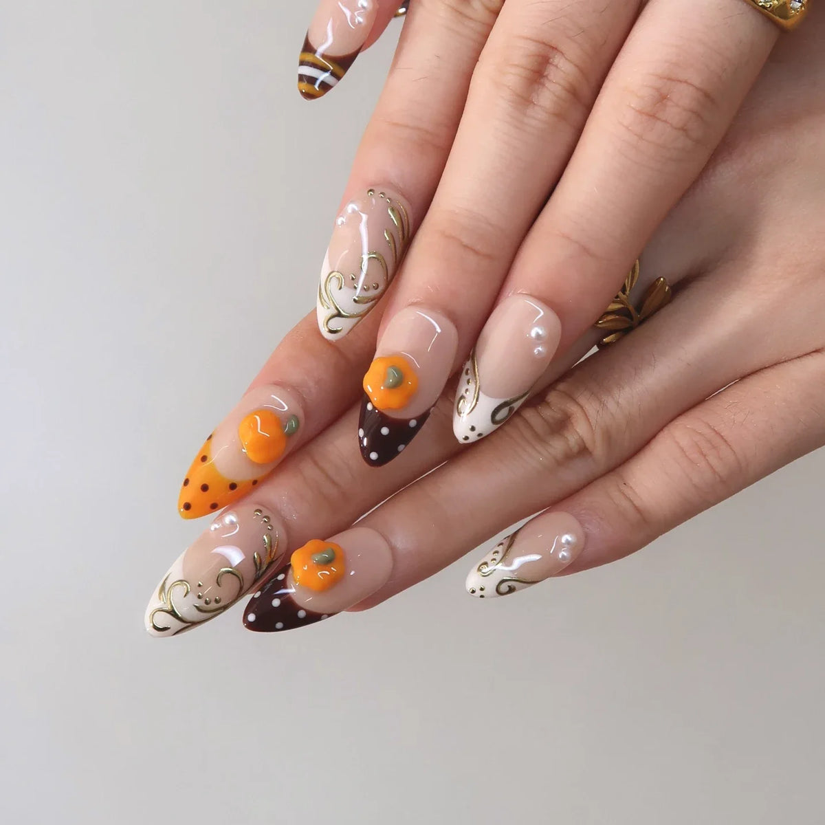 Golden Pumpkin - Ersa Nails Nude Orange Brown Medium Almond PressOnNails