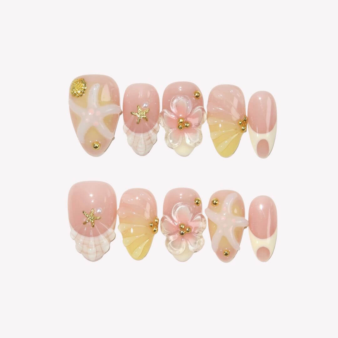 Golden Shoreline - Ersa Nails Nude White Yellow PressOnNails