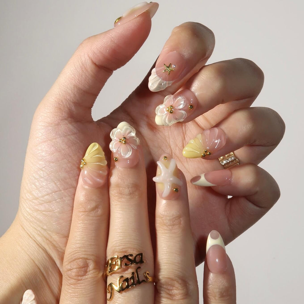 Golden Shoreline - Ersa Nails Nude White Yellow PressOnNails