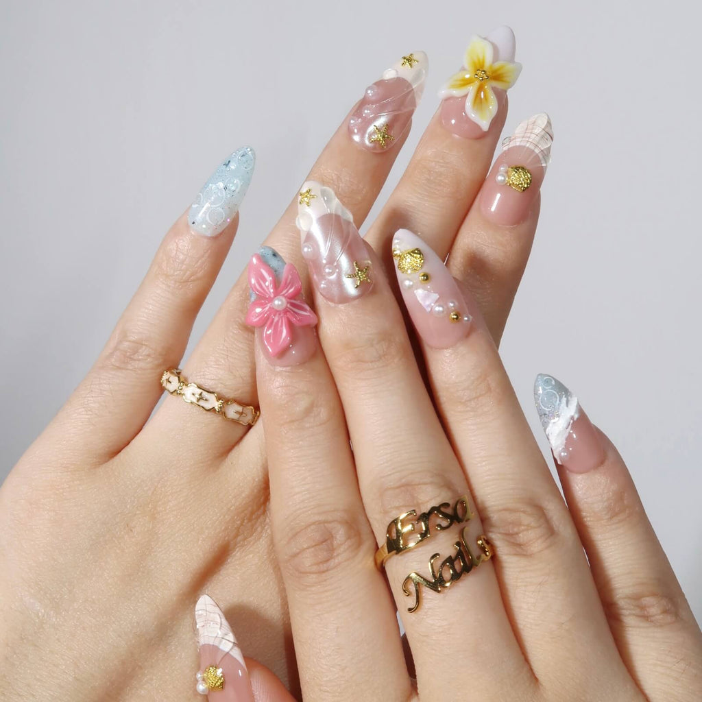 Honolulu - Ersa Nails Nude Blue White PressOnNails
