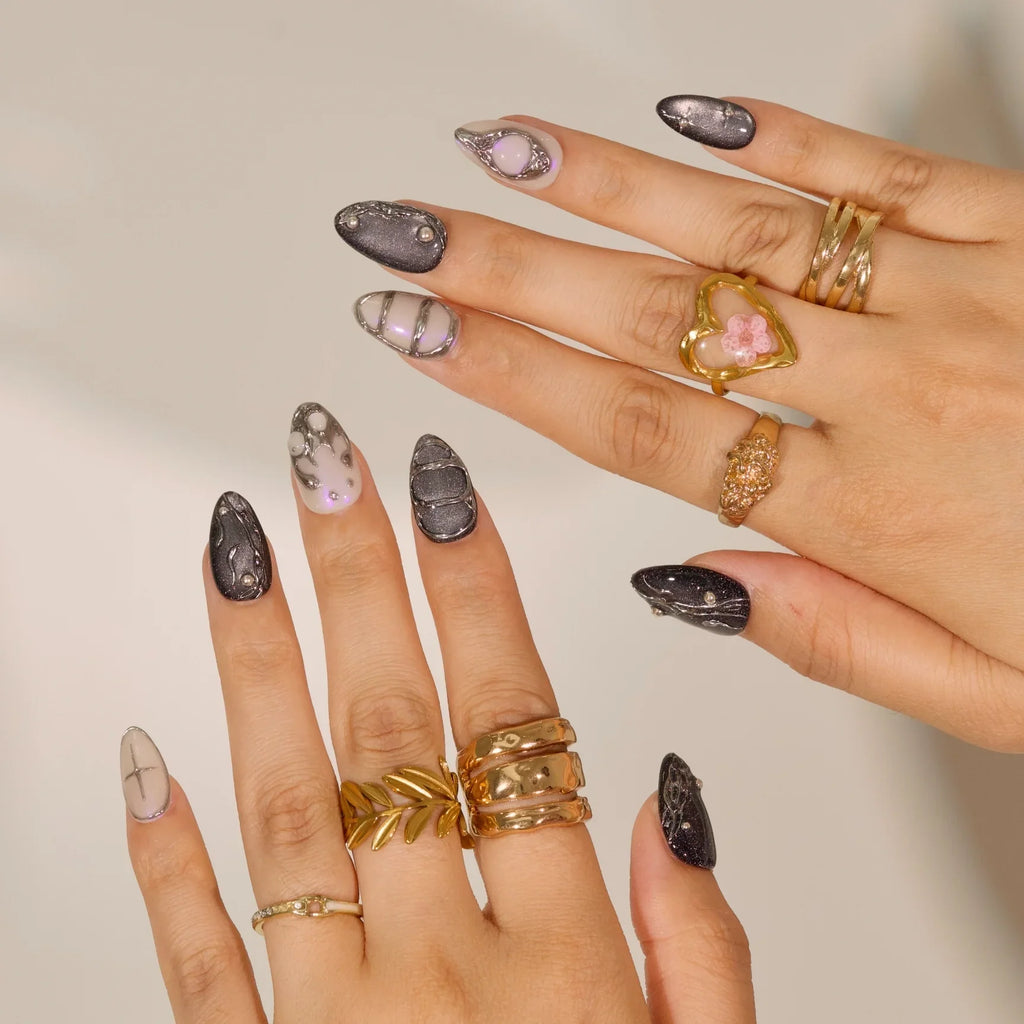 Obsidian - Ersa Nails Black Silver PressOnNails
