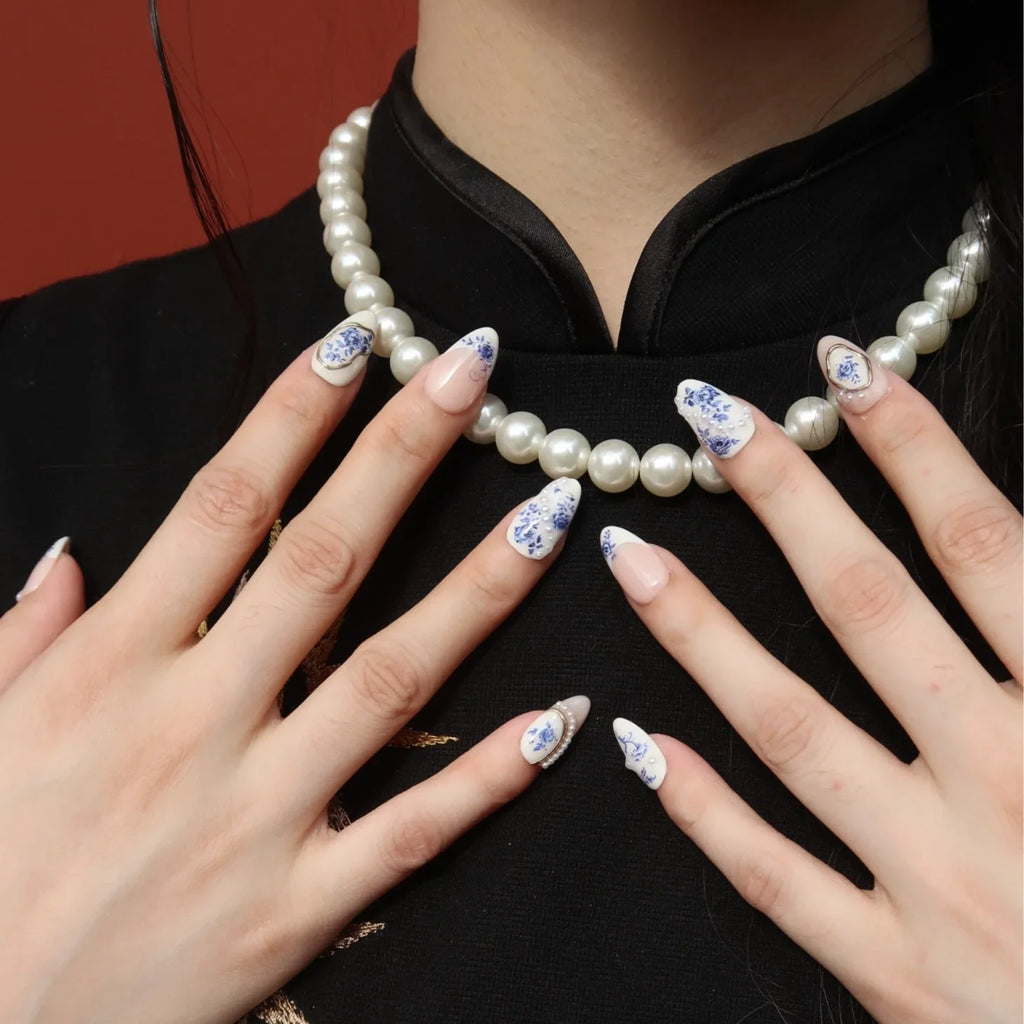 Petals of Grace- Ersa Nails WHITE NUDE BLUE PressOnNails