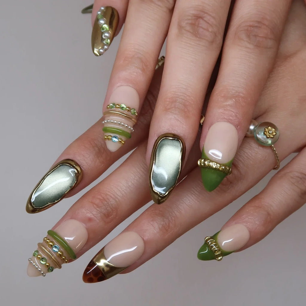 Rich Girl - Ersa Nails Nude Jade Gold PressOnNails
