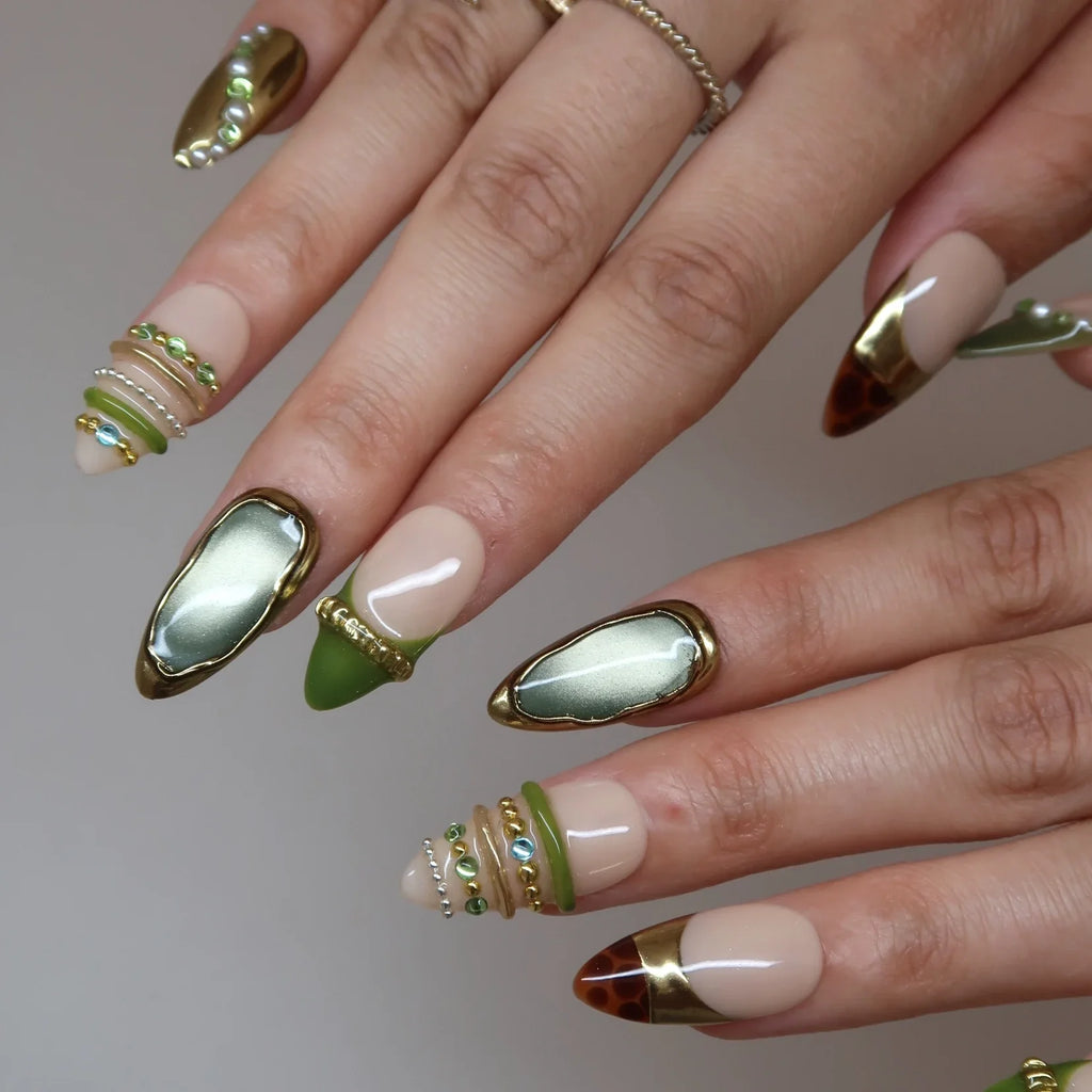 Rich Girl - Ersa Nails Nude Jade Gold PressOnNails