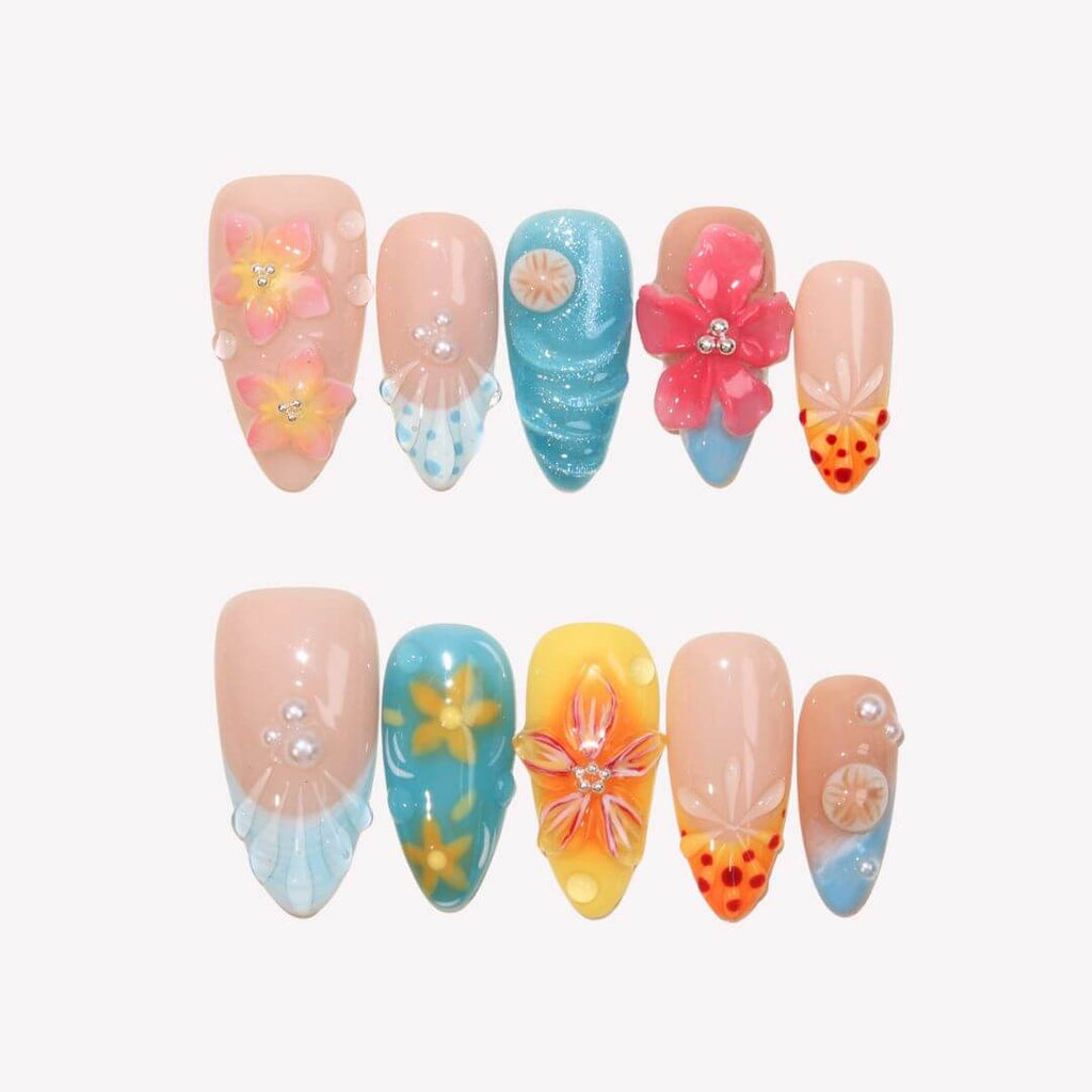 Summer Bay - Ersa Nails Nude Blue Yellow Pink PressOnNails