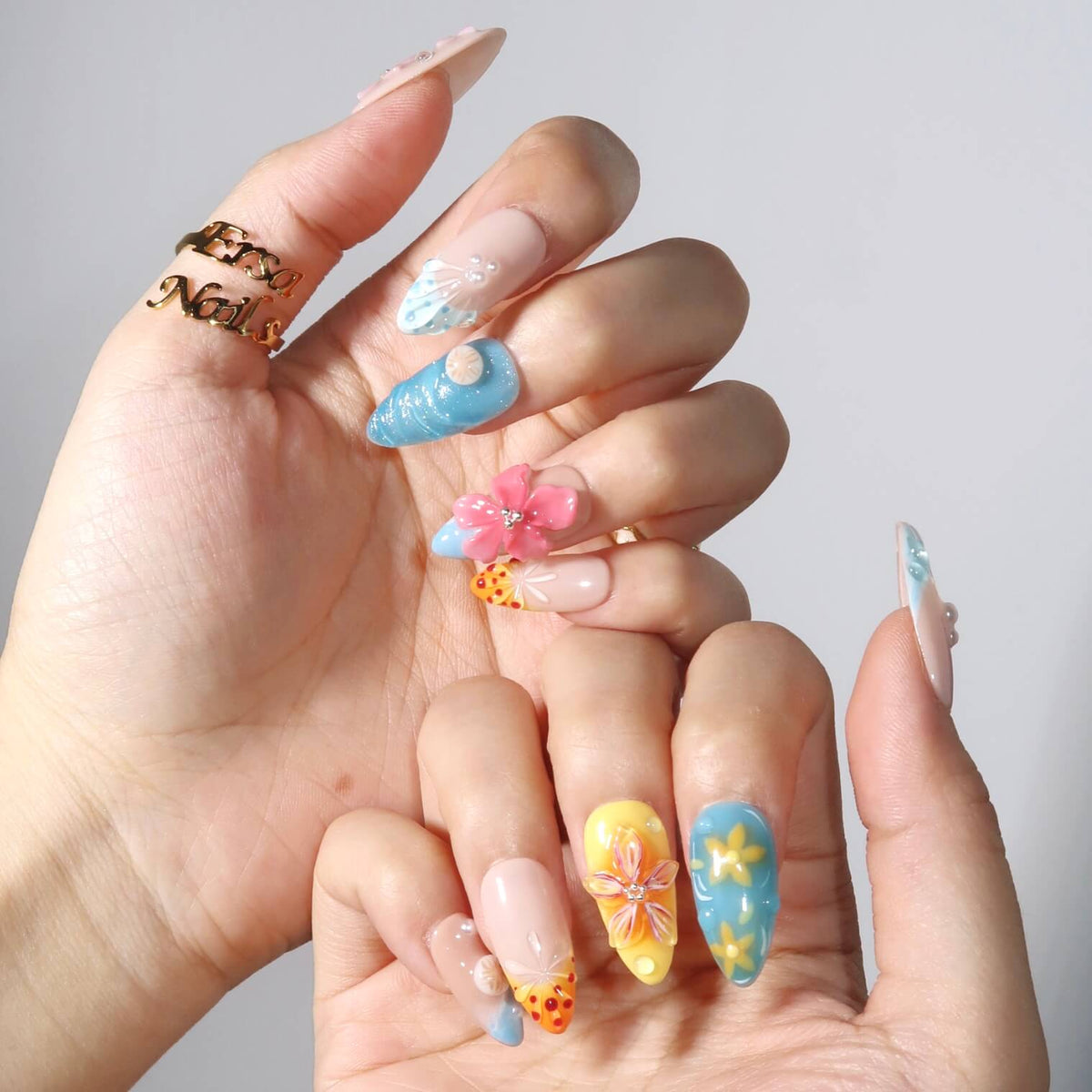 Summer Bay - Ersa Nails Nude Blue Yellow Pink PressOnNails