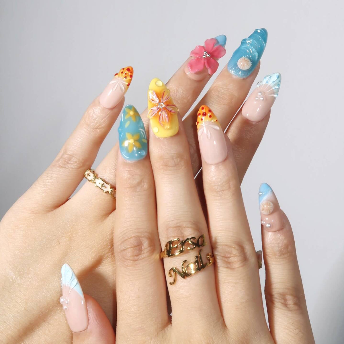 Summer Bay - Ersa Nails Nude Blue Yellow Pink PressOnNails