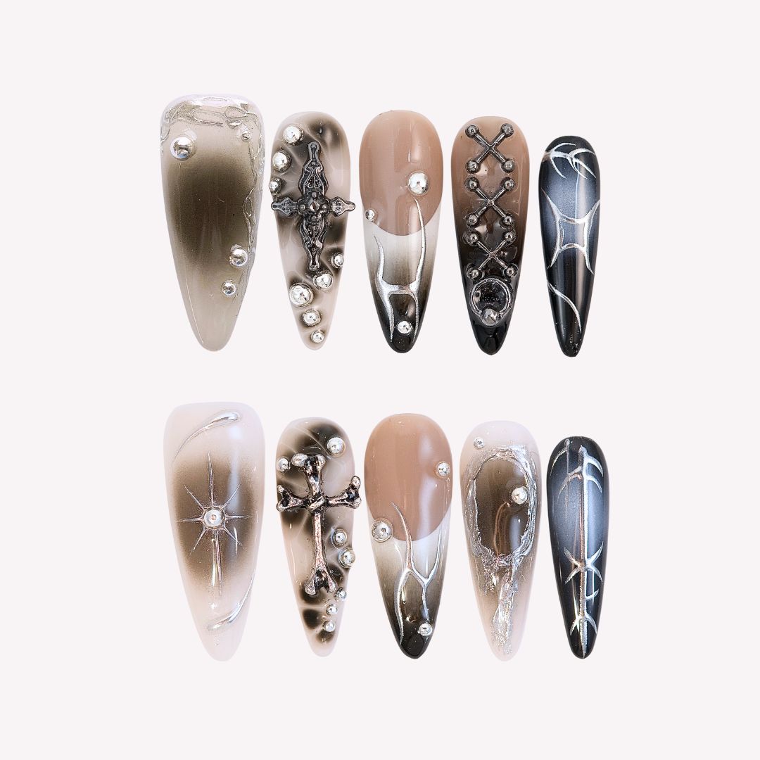 The Abyss - Ersa Nails Nude Black Silver PressOnNails
