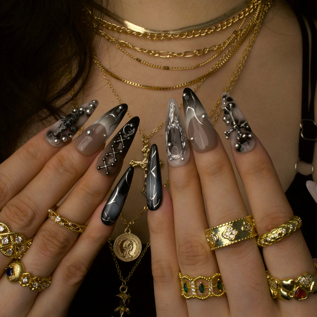 The Abyss - Ersa Nails Nude Black Silver PressOnNails